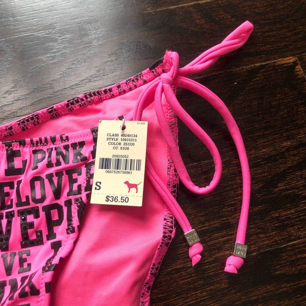 PINK Victoria’s Secret Love Pink Print Ruched Rhinestone Bikini Bottom - Picture 6 of 16